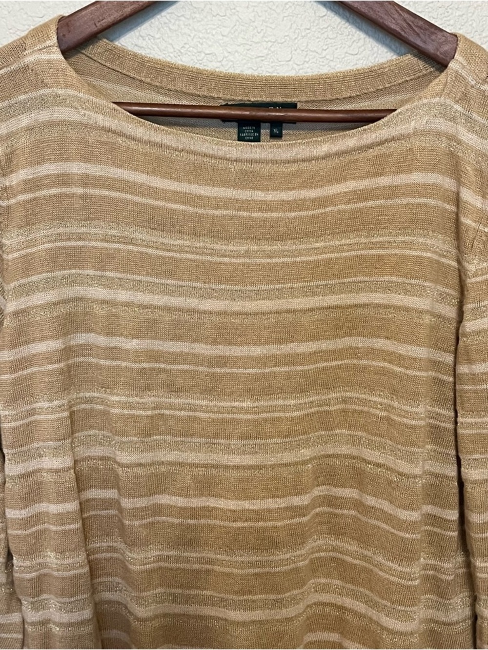 Lauren Ralph Lauren Tan Striped Shimmer Knit Linen Silk Blend Top Size XL - Picture 3 of 11